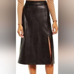 SPANX Faux Leather A-Line Midi Skirt Side Slit Black Size Large